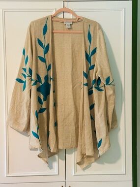Soft Surroundings Open Cardigan Beige/Acqua Blue Linen-Blend Embroidered Size M